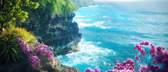 Tropical Coastline View with Pink Orchids

