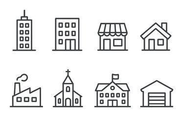 Fototapeta premium Urban buildings linear icons: skyscraper, apartment, shop, house, factory, church, school, warehouse.
