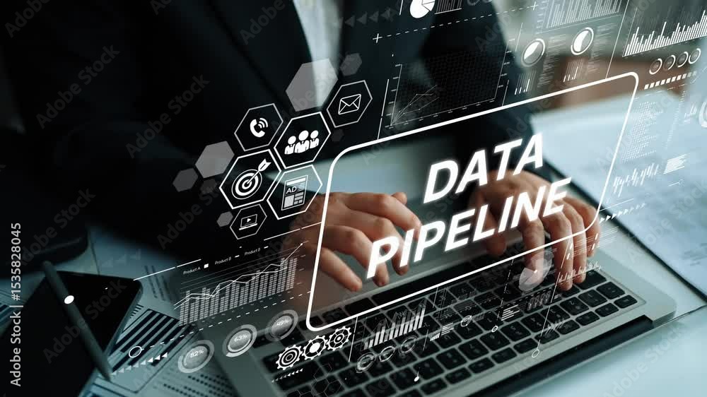 Poster professional hands typing on laptop with data pipeline graphics and digital data visualization conce
