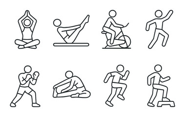 Fitness classes in linear style: yoga, pilates, spinning, dance, boxing, stretching, HIIT, step.