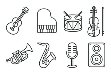 Music instruments in linear style: guitar, piano, drum, violin, trumpet, saxophone, microphone, speaker.