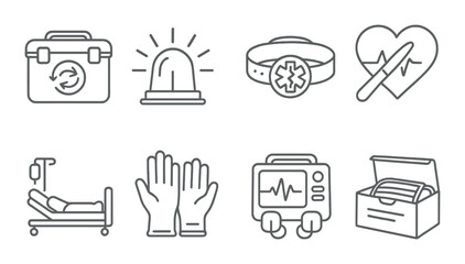 Medical icons linear style: organ transplant box, ambulance siren, medical alert bracelet, heart surgery, recovery bed, medical gloves, defibrillator, mask box.