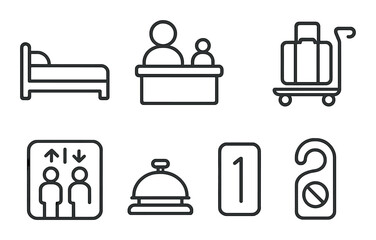 Travel icons linear style: hotel bed, check-in desk, key card, luggage trolley, elevator, hotel bell, room number, do not disturb sign.