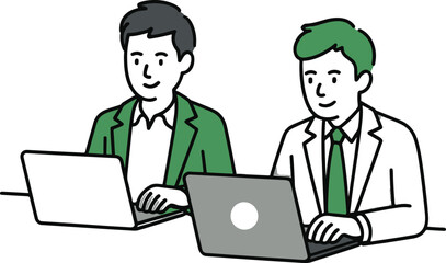 Two businessmen working on laptops isolated on white background