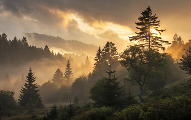 Sunrise Over Misty Mountain Forest Landscape with Dramatic Clouds