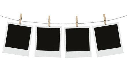 Realistic set of instant photos hanging on rope attached with clothespins and paperclips. isolated on transparent background,  square blank paper photographs in white frames PNG 