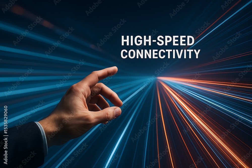 Poster a symbolic image illustrating high-speed connectivity. a hand gestures towards streaks of light, con