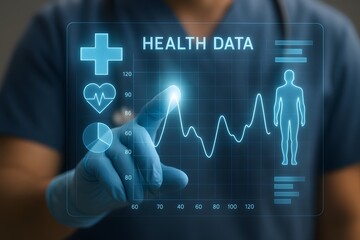 Doctor interface touching health data analytics. Health analytics presented as interactive interface with line graph.