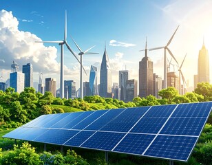 Sustainable city with solar panels and wind turbines