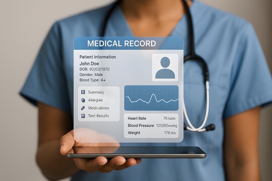 A medical professional utilizes a tablet, displaying a digital medical record interface that includes patient details and vitals. Focus is on concept of patient information management.