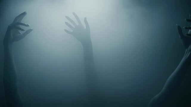 Ghostly undead hands reaching out of eerie mist, zombie, horror, scary Halloween or nightmare fear concept. Computer animation.