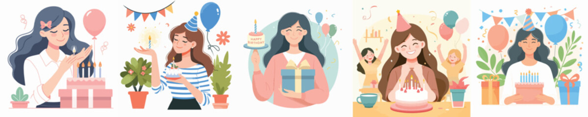 vector female character holding birthday cake