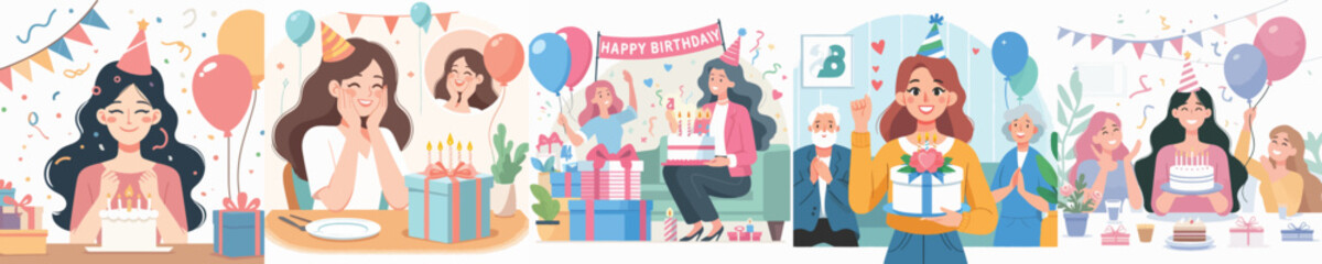 vector female character holding birthday cake