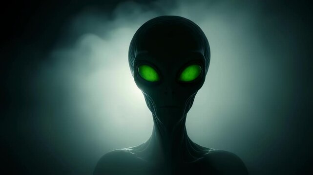 Scary alien face with glowing green eyes appears in smoke for a horror and science fiction concept video.