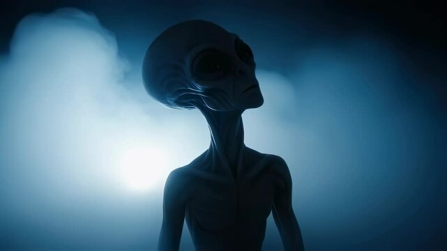 Alien creature, a gray humanoid, standing eerily in blue smoke or fog. Extraterrestrial being, UFO, horror concept footage.