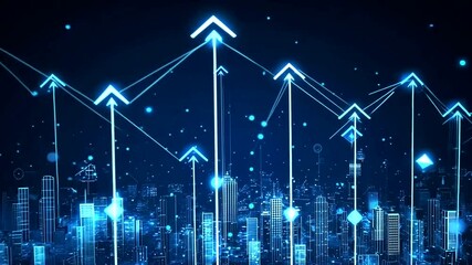 Futuristic Digital Landscape with Rising Arrows and Data Visualization - Powered by Adobe