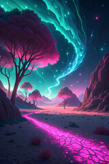Surreal Alien Planet with Glowing Pink Trees and Luminescent Sky in a Fantasy Sci-Fi World