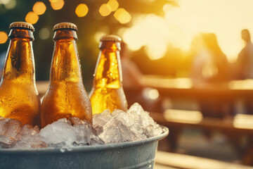 A weathered metal tub filled with cold beer bottles and ice creates a refreshing visual. The condensation on bottles highlights the chilled temperature, ideal for outdoor gatherings.