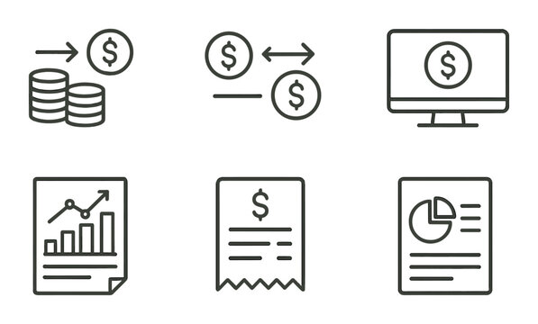 Money flow: inflow, outflow, transaction, balance, overview, report, chart, receipt. Linear style, isolated, no text