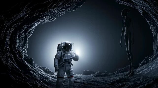 Astronaut meets alien in dark cave, exploring a mysterious extraterrestrial world. Sci-fi horror, discovery, unknown footage.