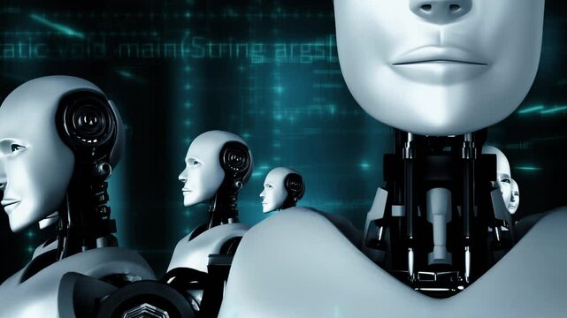 Futuristic robot artificial intelligence huminoid AI programming coding technology development and machine learning concept. Robotic bionic science research for future of human life. 3D rendering.