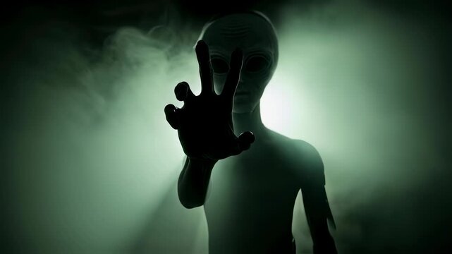 Alien creature in green smoke reaching out with a hand. Eerie, horror, and science fiction concept. Extraterrestrial being with a scary hand reaching forward, scary alien footage.