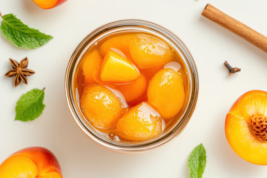 A glass jar filled with glossy peach halves preserved in syrup sits on a light cream background. The vibrant orange peaches and shiny metal lid stand out, creating a warm and inviting scene.