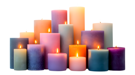 Collection of colorful lit candles of varying sizes displayed against a soft gradated background showing relaxation and ambiance