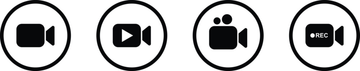 Video icon set. Video camera, movie icons isolated on transparent background. Video production, streaming, editing, filming vector symbols. Perfect for media, entertainment, and broadcasting designs.