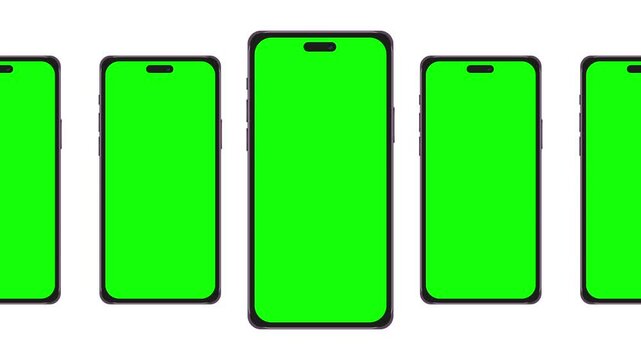 A row of smartphones with green screens is evenly spaced on a white background. The center phone scales up slightly, highlighting focus while others remain static, creating a clean animated effect