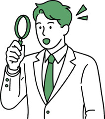 Businessman with magnifying glass vector cartoon illustration isolated on white background