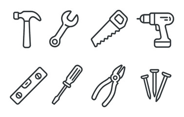 Construction tools linear icons: hammer, wrench, saw, drill, level, screwdriver, pliers, nails.