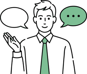 Vector cartoon illustration of a businessman with speech bubbles isolated on white background