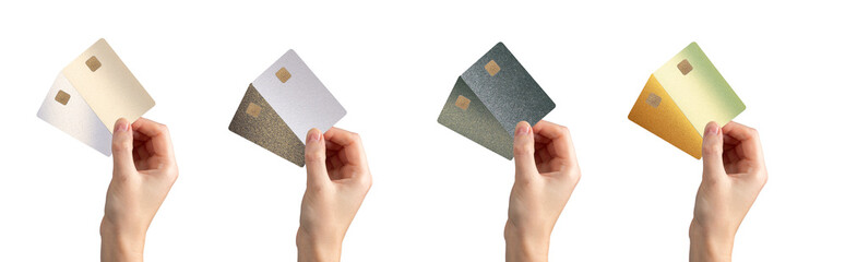 Bank card in hand, showing two different options for debit or credit card with chip. Offering a