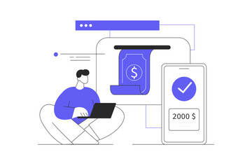 Man Character paying online and receiving bonus money or reward back on credit card. Cashback, financial savings and money exchange. Flat Cartoon Vector Illustration, icon. Stylish abstract design 