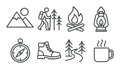 Travel icons linear style: mountain view, forest hike, bonfire, tent light, compass, hiking boots, river crossing, camp mug.