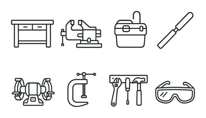 Workshop equipment in linear style: workbench, vice, toolbox, file tool, bench grinder, clamp, tool shelf, safety goggles.