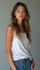 Confident woman with flowing hair in casual attire