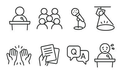 Fototapeta premium Public speaking in linear style: speaker icon, audience, microphone, stage spotlight, applause, cue cards, Q&A, nervous presenter.