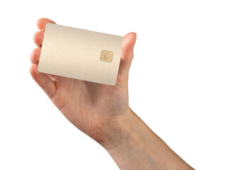 Bank card in hand, with debit or credit card for secure payment. Offering financial services, online