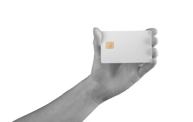 Bank card in hand, with debit or credit card and chip for secure payment. Offering financial