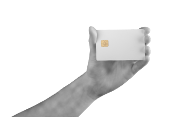 Bank card in hand, with debit or credit card and chip for secure payment. Offering financial