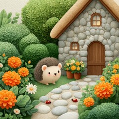Hedgehog near a cozy stone cottage with vibrant flowers and greenery in a serene garden setting