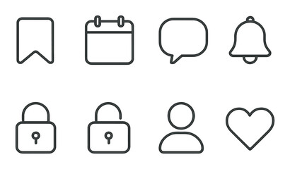 linear style icons of UI: bookmark, calendar, chat bubble, notification bell, lock, unlock, user profile, heart favorite.