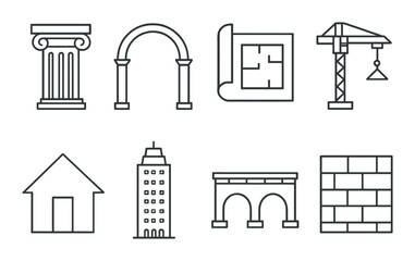 Architecture elements, linear style: pillar, archway, blueprint, crane, house outline, skyscraper, bridge, brick wall.