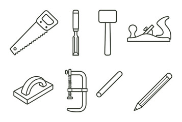 Obraz premium Carpentry tools in linear style: handsaw, chisel, mallet, plane, sanding block, clamps, dowel rod, carpenter pencil.