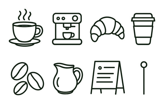 Coffee shop items linear icons: coffee cup, espresso machine, croissant, takeout cup, beans, milk jug, menu board, stir stick.