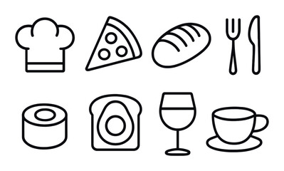 Food and drinks, linear style: chef’s hat, pizza slice, bread loaf, dinner plate, sushi roll, avocado toast, glass of wine, tea cup.