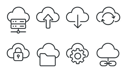 Cloud computing in linear style: cloud server, upload icon, download arrow, data sync, secure cloud, folder, settings gear, link.