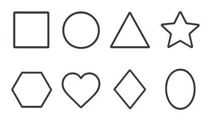 linear style icons of shapes: square, circle, triangle, star, hexagon, heart, diamond, oval.